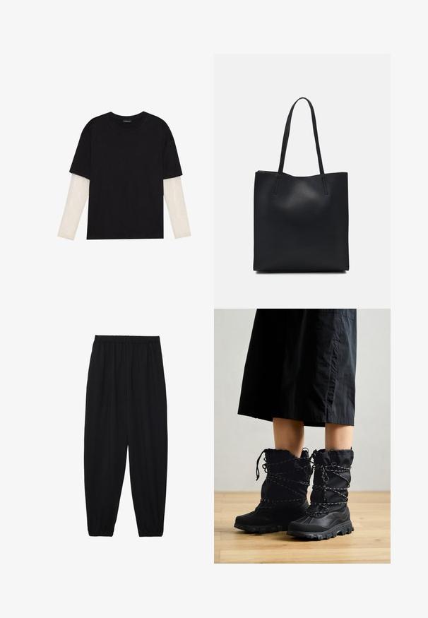 Mustapaita, joka on valmistettu puuvillasta ja jossa on lyhyet hihat valkoisen pitkähihasen kerroksen päällä, jossa on hienovarainen teksturoitu kuvio. Pyöreä kaula-aukko.; Mustat, kevyet housut, joissa on joustava vyötärö ja kerätyt nilkat. Kangas on sileä ja siinä on rento, kapeneva muotoilu.; Mustat talvikengät tekstuuripinnalla, korkea siluetti ja rypistetty yläosa. Varustettu erottuvilla vihreillä nauhoilla ja jämäkkillä pohjilla.; Mustapahkainen kangaskassi, jossa on sileä pinta, suorakaiteen muotoinen ja kaksi pitkää kahvaa. Ei näkyvää metalliosaa tai koristeita.