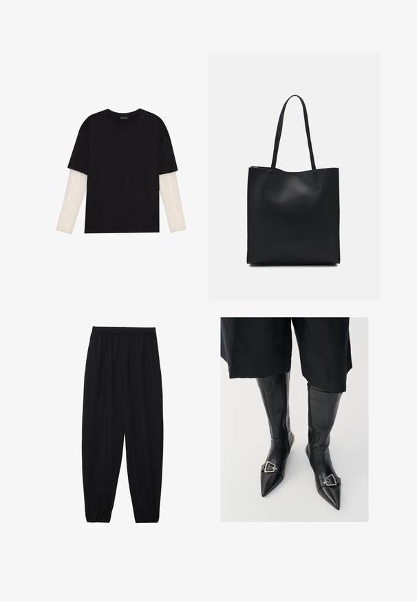T-shirt noir en coton, avec des manches courtes sur une couche à manches longues blanche avec un motif texturé subtil. Col rond.; Pantalons noirs légers avec une taille élastique et des chevilles froncées. Le tissu est lisse et présente un design décontracté et fuselé.; Bottes noires en cuir montantes avec un bout pointu et un accent de boucle en argent. Présentent une fermeture éclair sur le côté intérieur et une texture lisse.; Sac fourre-tout en cuir noir avec une texture lisse, de forme rectangulaire et deux longues poignées. Pas de matériel ou d'ornementations visibles.
