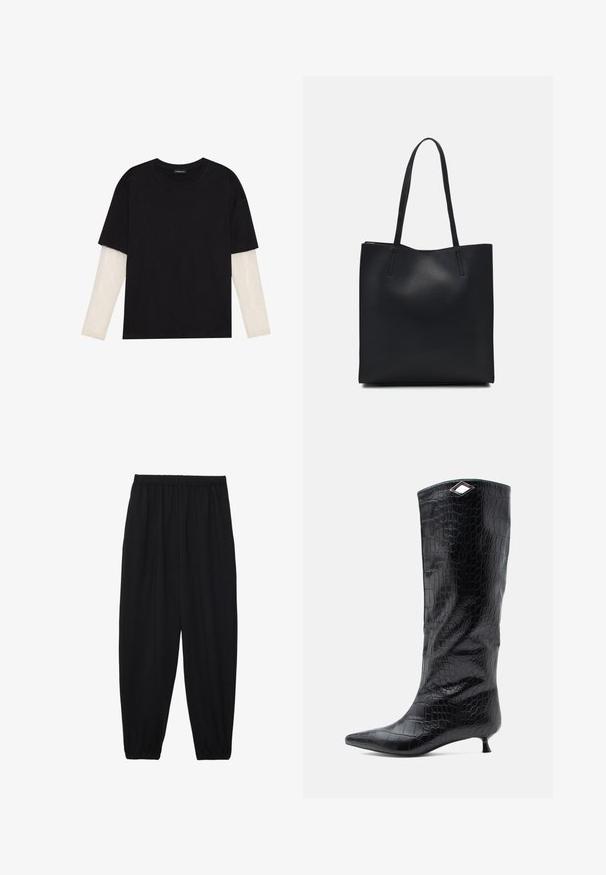 Čierne tričko z bavlny, s krátkymi rukávmi cez biele tričko s dlhým rukávom, s jemným textúrovaným vzorom. Design s okrúhlym výstrihom.; Čierne, ľahké nohavice s elastickým pásom a zúženými nohavicami. Tkanina je hladká a má voľný, zúžený strih.; Čierne čižmy po kolená z lesklej kože s krokodílnou embosovanou štruktúrou, s ostrou špičkou a malým podpätkom v tvare mačacích nôh, s uhlovým strieborným akcentom na vrchu.; Čierna kožená taška na rameno s hladkým povrchom, obdĺžnikovým tvarom a dvoma dlhými uchami. Bez viditeľného kovania alebo ozdôb.