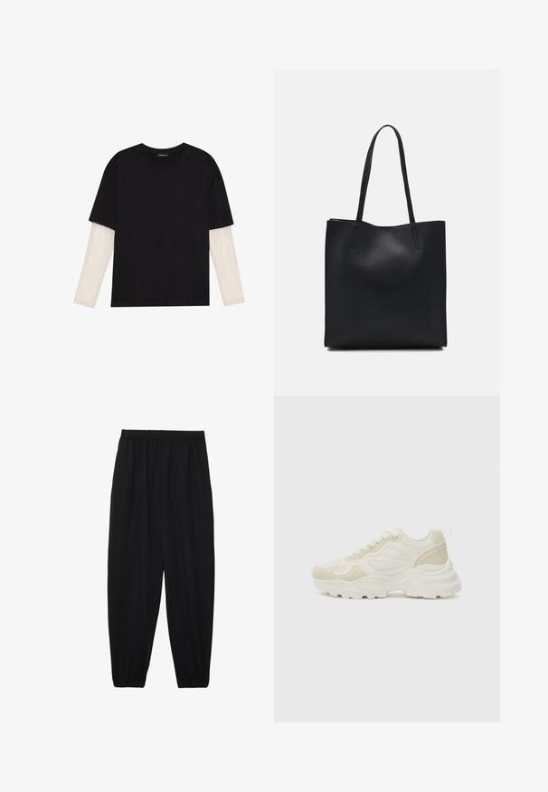 Black T-shirt made of cotton, featuring short sleeves over a white long-sleeve layer with a subtle textured pattern. Crew neckline design.; Black, lightweight pants with an elastic waistband and gathered ankles. The fabric is smooth and features a relaxed, tapered design.; White sneakers with a chunky sole, featuring mesh and suede materials, a rounded toe, and a lace-up design. Simple, minimalistic accents.; Black leather tote bag with smooth texture, rectangular shape, and two long handles. No visible hardware or embellishments.