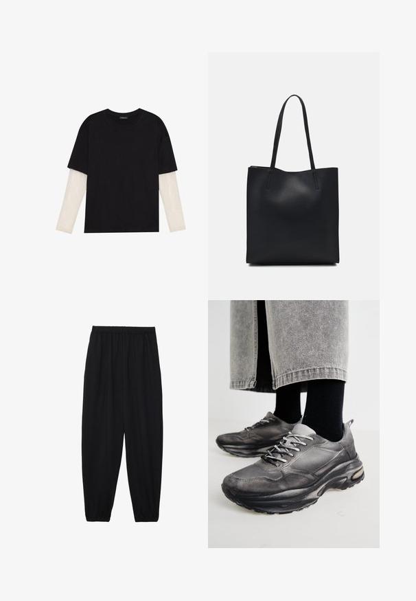 T-shirt nera in cotone con maniche corte sopra un sotto manica lunga bianca, caratterizzata da una sottile texture. Design con scollo rotondo.; Pantaloni neri leggeri con vita elastica e caviglie arricciate. Il tessuto è liscio e presenta un design rilassato e affusolato.; Le scarpe da ginnastica nere e grigie presentano una tomaia in rete, suole spesse e lacci. Hanno una punta arrotondata e un dettaglio di ammortizzazione visibile.; Borsa tote in pelle nera con texture liscia, forma rettangolare e due manici lunghi. Nessun hardware o decorazione visibile.