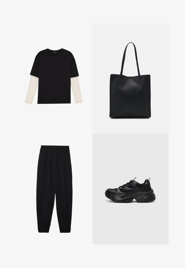Black T-shirt made of cotton, featuring short sleeves over a white long-sleeve layer with a subtle textured pattern. Crew neckline design.; Black, lightweight pants with an elastic waistband and gathered ankles. The fabric is smooth and features a relaxed, tapered design.; Even&Odd Trainers - black; Black leather tote bag with smooth texture, rectangular shape, and two long handles. No visible hardware or embellishments.