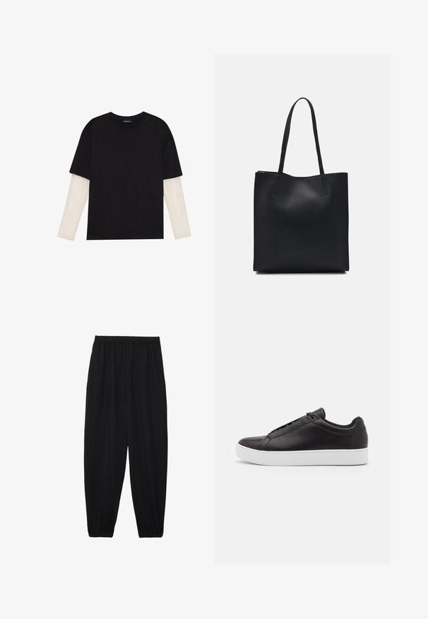 Mustmust särk, mis on valmistatud puuvillast, lühikeste varrukatega, valge pika varrukaga kihi peal, millel on peene tekstuuriga muster. Ümar kaelus.; Mustad, kerge kangas püksid elastse vöökoha ja kokku volditud pahkluudega. Kanga pind on sile ja disain on lõdvestunud, kitsenev.; Mustad nahast tossud siledast pinnast, madala lõikega disain ja paks valge kummitald. Külgedel on peened õmblused.; Mustast nahast kott sujuva tekstuuriga, ristkülikukujuline ja kahe pika sangaga. Pole nähtavat riistvara ega kaunistusi.