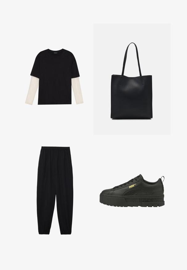 Mustapaita, joka on valmistettu puuvillasta ja jossa on lyhyet hihat valkoisen pitkähihasen kerroksen päällä, jossa on hienovarainen teksturoitu kuvio. Pyöreä kaula-aukko.; Mustat, kevyet housut, joissa on joustava vyötärö ja kerätyt nilkat. Kangas on sileä ja siinä on rento, kapeneva muotoilu.; Mustat nahkaiset alustakengät, joissa on teksturoitu korko, kultainen Puma-logo ja nyörityssuunnittelu, jossa on mustat silmukat ja litteät nauhat.; Mustapahkainen kangaskassi, jossa on sileä pinta, suorakaiteen muotoinen ja kaksi pitkää kahvaa. Ei näkyvää metalliosaa tai koristeita.