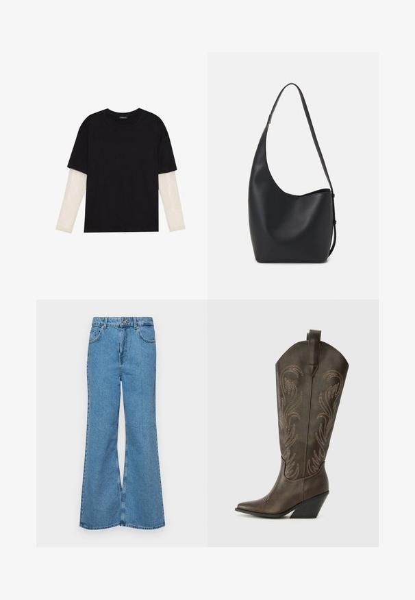 Mustmust särk, mis on valmistatud puuvillast, lühikeste varrukatega, valge pika varrukaga kihi peal, millel on peene tekstuuriga muster. Ümar kaelus.; Heledad sinine flared teksade rõivad, millel on kõrge talje, viis taskut ja üks nupulukk. Pehme tekstuur ja pleekinud viimistlus.; Pruun nahast cowboy saabas, millel on terav varvas, tõusuhari ja dekoratiivne tikkimine. Omab pikka varrukat ja tõmbenööri.; Mustast nahast hobo kott, millel on sile tekstuur, kumer kuju ja üks reguleeritav rihm; peal on lai avaus.