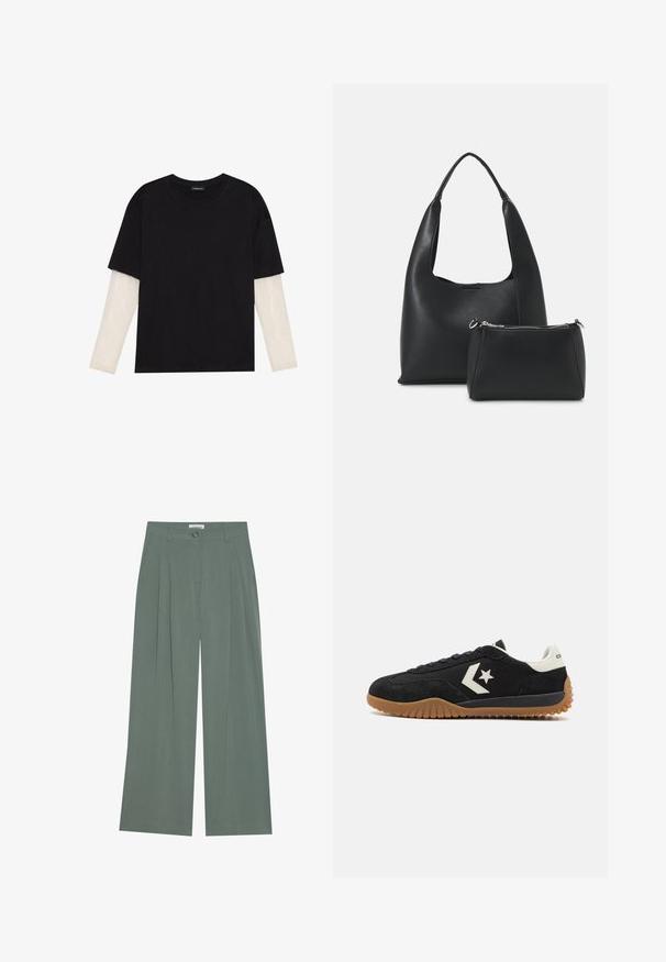 Black T-shirt made of cotton, featuring short sleeves over a white long-sleeve layer with a subtle textured pattern. Crew neckline design.; Green wide-leg trousers with front pleats, a button closure, and side pockets. Made of soft, lightweight fabric with a smooth texture.; Black suede sneaker with a white leather heel and logo, featuring a textured rubber sole and flat lace design.; Even&Odd Handbag - black