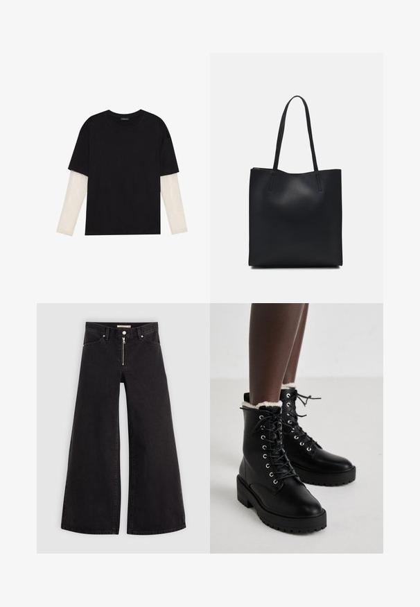 Svart T-skjorte laget av bomull, med korte ermer over et hvitt langermet lag med en subtil teksturert mønster. Rund hals design.; Vide benbukser i sort denim med glidelås i front, fem-lomme design og subtile sømdetaljer. Glatt tekstur og avslappet stil.; Sorte snøring ankelstøvler med kraftige såler og hvit fleecefôr, båret av en person som står på et lyst gulv.; Svart lær tote bag med glatt tekstur, rektangulær form og to lange håndtak. Ingen synlige deler eller dekorasjoner.