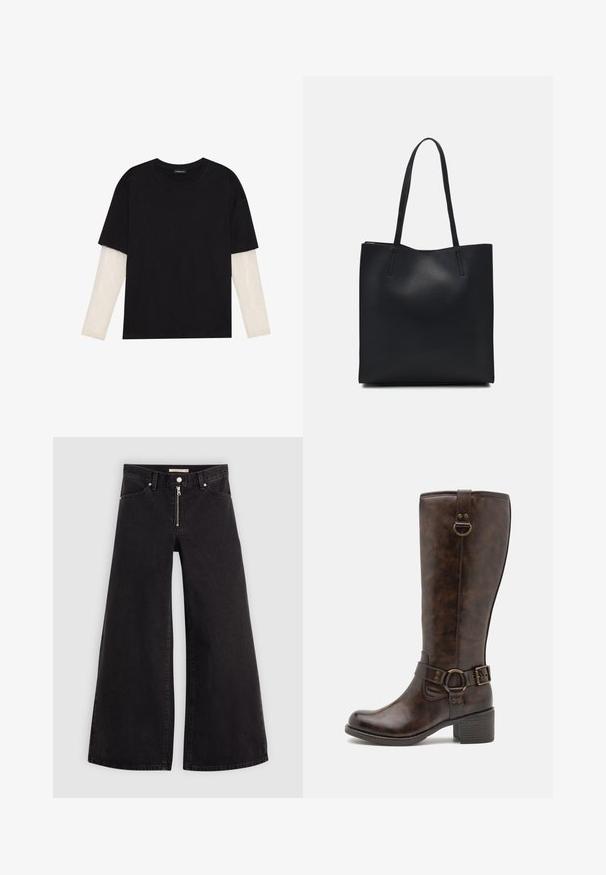 T-shirt preta de algodão, com mangas curtas sobre uma camada de mangas longas branca com um padrão texturizado subtil. Design de decote redondo.; Calças de ganga de perna larga em denim preto com fecho éclair à frente, design de cinco bolsos e detalhes de costura subtil. Textura suave e estilo casual.; Botas de couro castanhas até ao joelho, com biqueira arredondada, tira decorativa, acessórios circulares e um salto baixo em bloco. Textura suave em todo o produto.; Bolsa tote preta em couro com textura lisa, forma retangular e duas alças longas. Sem hardware ou enfeites visíveis.