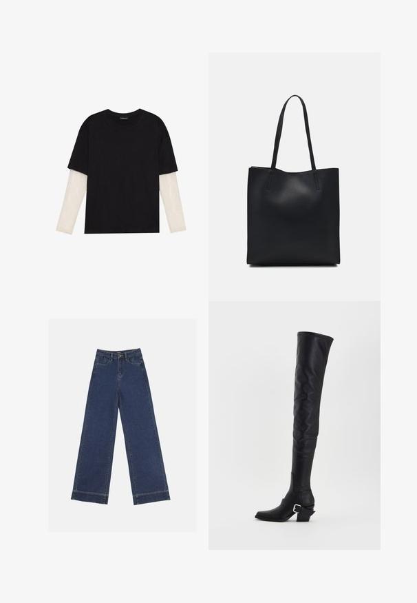 Mustmust särk, mis on valmistatud puuvillast, lühikeste varrukatega, valge pika varrukaga kihi peal, millel on peene tekstuuriga muster. Ümar kaelus.; Laiad püksid tumedast sinisest denimist. Omab viit taskut, vöölõke ja toore äärega allosas, kus on nähtavad õmblused.; Mustad nahast üle põlve saapad ruudukujulise varbaga, plokkkontsaga ja külgriiuliga. Sile tekstuur ja sobiv siluett.; Mustast nahast kott sujuva tekstuuriga, ristkülikukujuline ja kahe pika sangaga. Pole nähtavat riistvara ega kaunistusi.