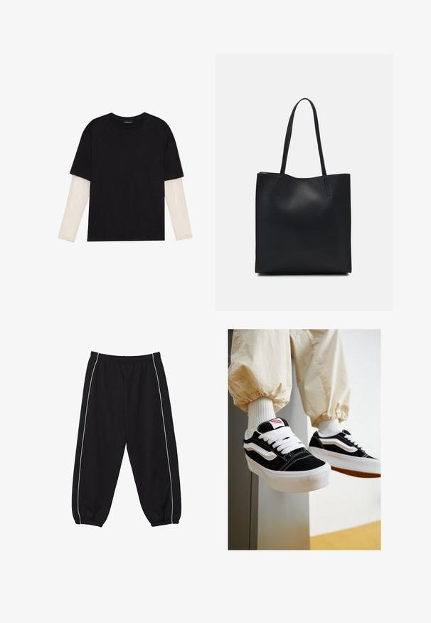 Sort T-shirt lavet af bomuld, med korte ærmer over et hvidt langærmet lag med et subtilt tekstureret mønster. Design med rund hals.; Sorte joggingbukser med elastisk talje, der har hvide striber i siden og opsamlede manchetter ved anklerne. Fremstillet af blødt, fleksibelt stof.; Sorte og hvide ruskinds sneakers med flade hvide snører, teksturerede gummisåler og design med side-stribe. Båret med cremefarvede tapered bukser.; Sort læder tote taske med glat tekstur, rektangulær form og to lange hanke. Ingen synlig hardware eller udsmykninger.