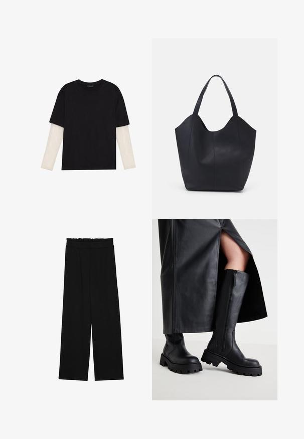 Svart T-skjorte laget av bomull, med korte ermer over et hvitt langermet lag med en subtil teksturert mønster. Rund hals design.; Svarte vide bukser med rynket liv, med to sidelommer og et glatt, lett stoff. Ingen synlige mønstre eller metalldeler.; Svarte knelhøye støvler med en tykk såle, glatt skinntekstur, glidelås på siden og minimalistisk design, kombinert med et svart skjørt med splitt.; Svart tote-veske laget av glatt lær, med en buet, åpen topp og to skulderstropper, samt et minimalistisk design.