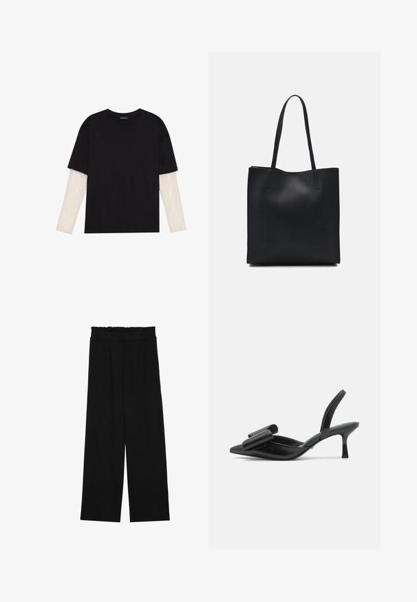 Tricou negru din bumbac, cu mâneci scurte, peste un strat alb cu mâneci lungi, având un model texturat subtil. Design cu guler rotund.; Pantaloni largi negri cu un tiv volant, cu două buzunare laterale și un material neted, ușor. Fără modele vizibile sau accesorii.; Pantof de damă cu toc înalt, negru, tip slingback, având vârful ascuțit, material din piele lucioasă și un accent mare sub formă de fundă în față.; Geantă tote neagră din piele, cu textură netedă, formă rectangulară și două mânere lungi. Fără hardware vizibil sau ornamente.