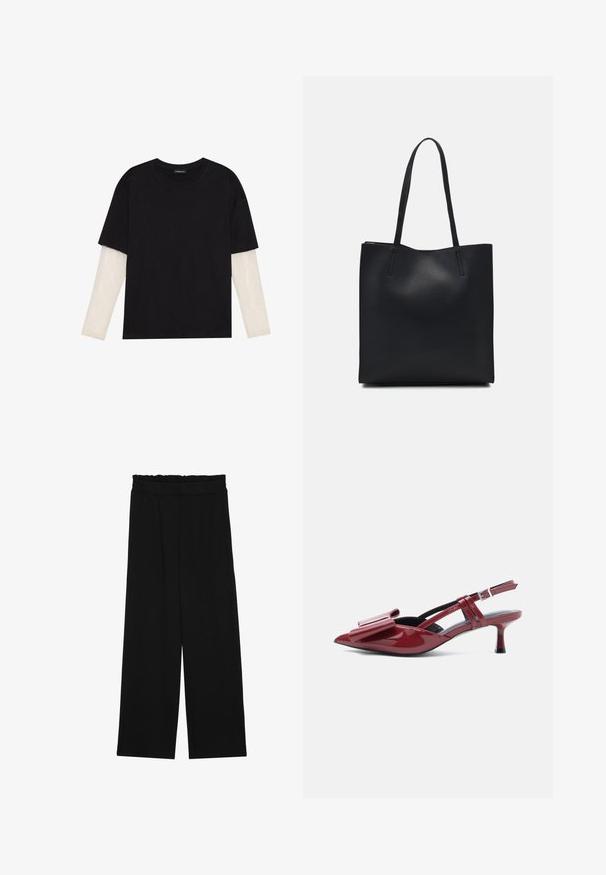 Tricou negru din bumbac, cu mâneci scurte, peste un strat alb cu mâneci lungi, având un model texturat subtil. Design cu guler rotund.; Pantaloni largi negri cu un tiv volant, cu două buzunare laterale și un material neted, ușor. Fără modele vizibile sau accesorii.; Pantofii slingback cu toc kitten, din piele lăcuită roșie, cu vârf ascuțit și detaliu mare în formă de fundă pe partea superioară, pe un fundal alb.; Geantă tote neagră din piele, cu textură netedă, formă rectangulară și două mânere lungi. Fără hardware vizibil sau ornamente.