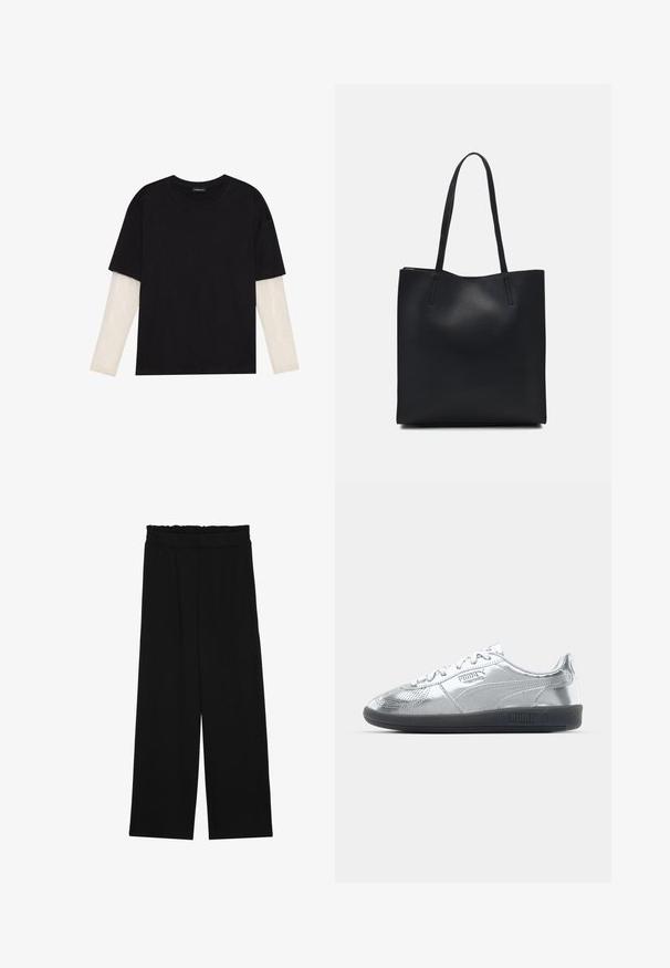 Black T-shirt made of cotton, featuring short sleeves over a white long-sleeve layer with a subtle textured pattern. Crew neckline design.; Black wide-leg trousers with a ruffled waistband, featuring two side pockets and a smooth, lightweight fabric. No visible patterns or hardware.; Silver sneakers with a smooth, reflective upper, featuring black rubber soles and classic lace-up design. Puma logo on the side.; Black leather tote bag with smooth texture, rectangular shape, and two long handles. No visible hardware or embellishments.