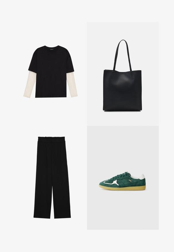 Černé tričko z bavlny s krátkým rukávem, pod kterým je bílá podvlékací halenka s dlouhým rukávem a jemným texturovaným vzorem. Design s kulatým výstřihem.; Černé široké nohavice s volánkovým pasem, které mají dvě boční kapsy a hladkou, lehkou tkaninu. Žádné viditelné vzory ani kovové prvky.; Zelené semišové tenisky s bílými akcenty, perforovanými detaily a texturovanou gumovou podrážkou. Obsahují kulaté tkaničky a polstrovaný opatek.; Černá kožená taška přes rameno s hladkým povrchem, obdélníkovým tvarem a dvěma dlouhými uchy. Žádné viditelné kování ani ozdoby.