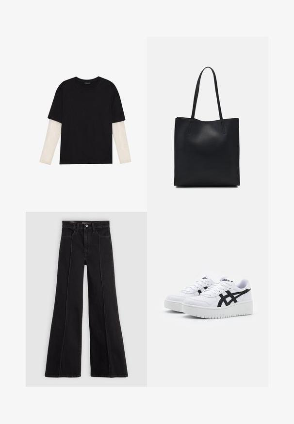 T-shirt preta de algodão, com mangas curtas sobre uma camada de mangas longas branca com um padrão texturizado subtil. Design de decote redondo.; Jeans largos de cintura alta pretos com detalhes em costura frontal, fecho por botão, passantes para cinto e bolsos frontais, em um fundo claro e simples.; Sapatilhas brancas com uma superfície texturizada, riscas laterais pretas e uma sola branca grossa. Apresentam um design com atacadores e um logótipo na língua.; Bolsa tote preta em couro com textura lisa, forma retangular e duas alças longas. Sem hardware ou enfeites visíveis.