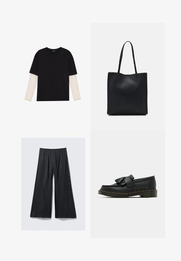 Čierne tričko z bavlny, s krátkymi rukávmi cez biele tričko s dlhým rukávom, s jemným textúrovaným vzorom. Design s okrúhlym výstrihom.; Čierne nohavice s širokými nohavicami vyrobené z ľahkého materiálu s elastickým pásom a hladkou, mierne lesklou textúrou. Majú voľný strih.; Čierne kožené poltopánky s okrúhlou špičkou, so strapcovými detailmi a dekoratívnym pásom cez prednú časť, umiestnené na robustnom opätku.; Čierna kožená taška na rameno s hladkým povrchom, obdĺžnikovým tvarom a dvoma dlhými uchami. Bez viditeľného kovania alebo ozdôb.