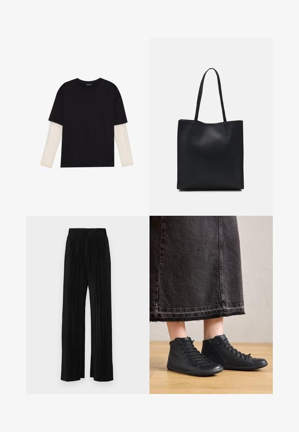 Melna kokvilnas T-kreklu ar īsām piedurknēm, virs baltas garām piedurknēm ar smalku teksturētu rakstu. Apaļas kakla izgriezuma dizains.; Melni plīšu bikses ar elastīgu jostu. Tām ir platākas kājas un gluda, teksturēta auduma ar vertikālām svītrām.; Melnas ādas augstās kurpes ar gludu tekstūru, ar auklām un sānu rāvējslēdzēju. Valkātas ar garu melnu džinsu svārku.; Melnas ādas somiņa ar gludu tekstūru, taisnstūra formu un divām garām rokturiem. Nav redzamu aparatūras vai rotājumu.