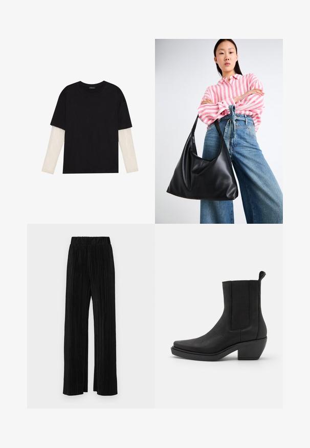 Melna kokvilnas T-kreklu ar īsām piedurknēm, virs baltas garām piedurknēm ar smalku teksturētu rakstu. Apaļas kakla izgriezuma dizains.; Melni plīšu bikses ar elastīgu jostu. Tām ir platākas kājas un gluda, teksturēta auduma ar vertikālām svītrām.; Melnas ādas potītes zābakus ar elastīgām sānu daļām, konusveida pirkstu daļu un masīvu papēdi. Tekstūras virsma ar gludu apdari.; Melnas ādas plecu soma ar vaļīgu formu un šuvju detaļām. Modelis valkā rozā un baltu svītrainu kreklu ar plaša kāju ziliem džinsiem.