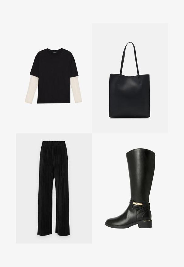 Melna kokvilnas T-kreklu ar īsām piedurknēm, virs baltas garām piedurknēm ar smalku teksturētu rakstu. Apaļas kakla izgriezuma dizains.; Melni plīšu bikses ar elastīgu jostu. Tām ir platākas kājas un gluda, teksturēta auduma ar vertikālām svītrām.; Melnas ādas ceļgala zābaki ar noapaļotu purngalu, sudraba detaļām un teksturētu kāju daļu. Iekļauj zemu bloka papēdi.; Melnas ādas somiņa ar gludu tekstūru, taisnstūra formu un divām garām rokturiem. Nav redzamu aparatūras vai rotājumu.