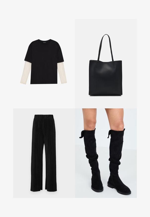 T-shirt preta de algodão, com mangas curtas sobre uma camada de mangas longas branca com um padrão texturizado subtil. Design de decote redondo.; Calças pregueadas pretas com uma cintura elástica. Apresentam pernas largas e um tecido liso, texturizado com riscas verticais.; Botas pretas de camurça até ao joelho, com tecido suave, design descontraído, bico arredondado, sola plana e um fecho lateral para fácil colocação.; Bolsa tote preta em couro com textura lisa, forma retangular e duas alças longas. Sem hardware ou enfeites visíveis.