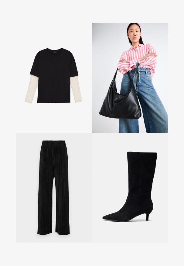 T-shirt preta de algodão, com mangas curtas sobre uma camada de mangas longas branca com um padrão texturizado subtil. Design de decote redondo.; Calças pregueadas pretas com uma cintura elástica. Apresentam pernas largas e um tecido liso, texturizado com riscas verticais.; Bota de tornozelo em camurça preta com bico fino, salto delgado e textura suave, apresentando uma silhueta ajustada e sem hardware visível.; Bolsa de ombro em couro preto com uma forma descontraída e detalhes costurados. O modelo usa uma camisa listrada em rosa e branco com jeans de perna larga azul.
