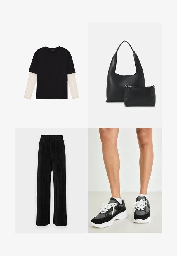 Černé tričko z bavlny s krátkým rukávem, pod kterým je bílá podvlékací halenka s dlouhým rukávem a jemným texturovaným vzorem. Design s kulatým výstřihem.; Černé plisované kalhoty s elastickým pasem. Mají široké nohavice a hladkou, strukturovanou tkaninu s vertikálními pruhy.; Černé a šedé sportovní tenisky z běžeckých a semišových materiálů, bílé tkaničky a mohutná bílá podrážka. Ponožky viditelné nad teniskami.; Even&Odd Kabelka - black