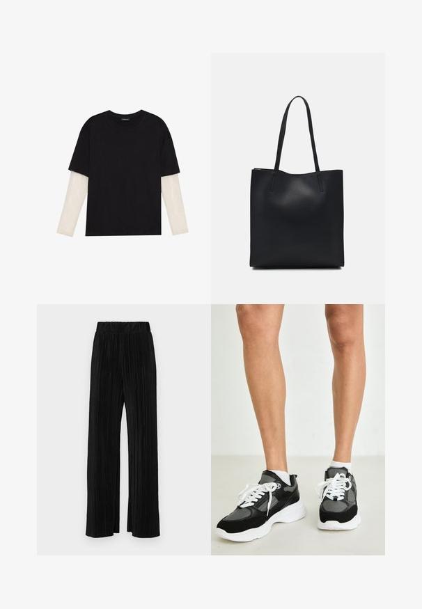 Schwarzes T-Shirt aus Baumwolle mit kurzen Ärmeln über einer weißen Langarmschicht, die ein dezentes strukturiertes Muster aufweist. Rundhalsausschnitt.; Schwarze plissierte Hose mit elastischem Bund. Verfügt über weite Hosenbeine und einen glatten, strukturierten Stoff mit vertikalen Streifen.; Schwarze und graue Sportsneaker aus Mesh und Wildleder, mit weißen Schnürsenkeln und einer voluminösen weißen Sohle. Socken sind über den Sneakers zu sehen.; Schwarze Laptoptasche aus Leder mit glatter Textur, rechteckiger Form und zwei langen Griffen. Keine sichtbaren Beschläge oder Verzierungen.
