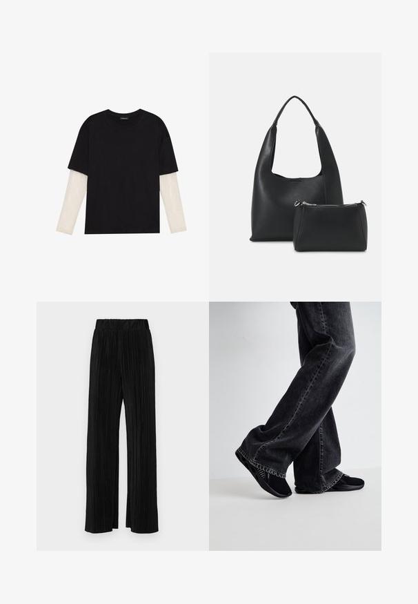 Crni majica od pamuka, s kratkim rukavima preko bijele dugorukave slojevite s suptilnim teksturiranim uzorkom. Dizajn s okruglim izrezom.; Crne plisirane hlače s elastičnim pojasom. Imaju široke nogavice i glatku, teksturiranu tkaninu s vertikalnim prugama.; Crne traperice od denima s opuštenim krojem i izlizanim rubom, kombinirane s elegantnim crnim cipelama na klizanje koje imaju teksturiranu površinu i izrezane detalje.; Even&Odd Ručna torba - black