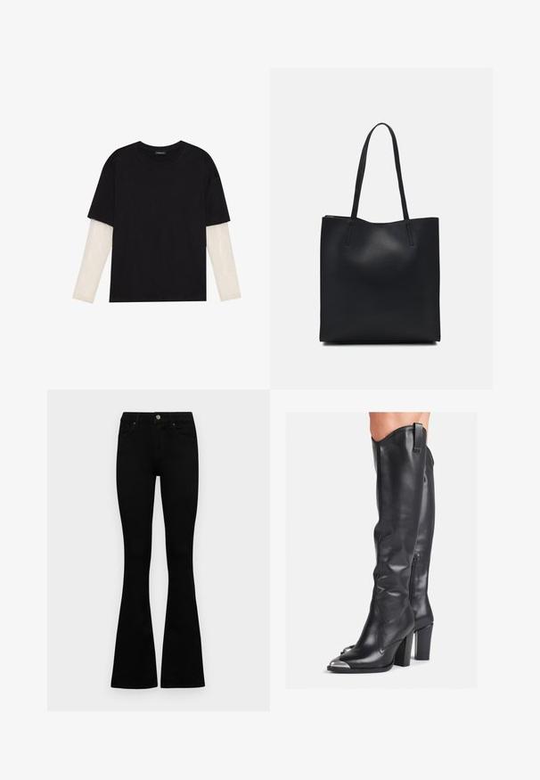 Czarny T-shirt wykonany z bawełny, z krótkimi rękawami na białej warstwie z długim rękawem z delikatnym teksturowanym wzorem. Projekt z okrągłym dekoltem.; Czarne, wysokie dżinsy z guzikem i zamkiem błyskawicznym, z przednimi kieszeniami i rozszerzanymi nogawkami, leżące płasko na białym tle.; Czarne skórzane botki do kolan o smukłym designie, ze spiczastymi noskami, metalowymi akcentami oraz zamkiem błyskawicznym po wewnętrznej stronie.; Czarna skórzana torba tote o gładkiej fakturze, prostokątnym kształcie i dwóch długich uchwytach. Brak widocznych elementów metalowych i ozdób.
