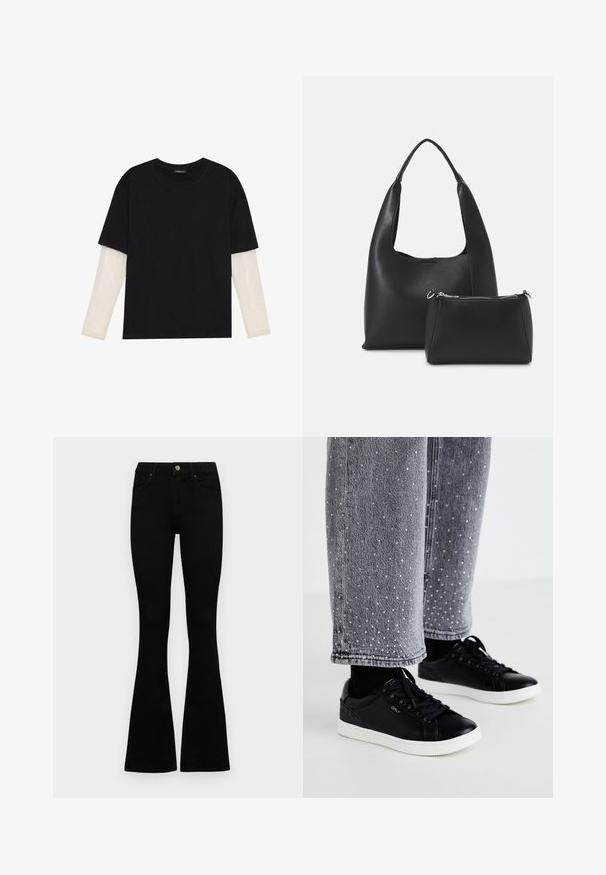 Fekete pamut póló, rövid ujjal, fehér hosszú ujjú réteg fölött, finom textúrával. Kerek nyakkivágású dizájn.; Fekete, magas derekú farmernadrág gomb- és cipzárzárral, elülső zsebekkel és harangszárral, laposan egy fehér háttérre terítve.; Fekete bőr sportcipők fehér gumitalppal és texturált díszítéssel. Szürke farmernadrággal párosítva, amely díszes ezüst pöttyökkel van ellátva.; Even&Odd Kézitáska - black