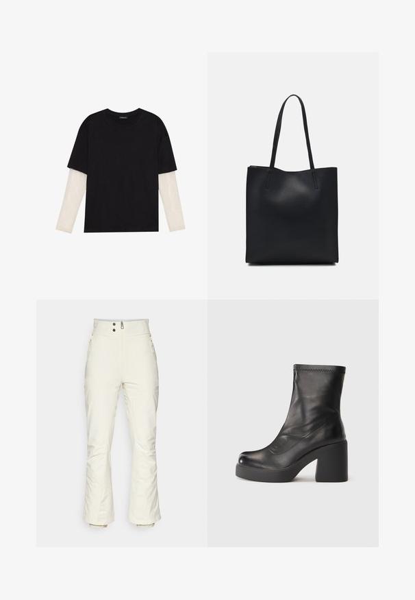 Fekete pamut póló, rövid ujjal, fehér hosszú ujjú réteg fölött, finom textúrával. Kerek nyakkivágású dizájn.; Fehér sínadrág magas derékkal, két elülső zsebbel, cipzárral és rugalmas mandzsettákkal. Simaság jellemzi, alul pedig enyhén bő szabású.; Fekete, félmagas bőr csizma vaskos tömbsarokkal és platform talppal, egyszerű fehér háttérrel.; Fekete bőrtáska sima felszínnel, téglalap alakú, két hosszú füllel. Nincs látható fémkiegészítő vagy díszítés.