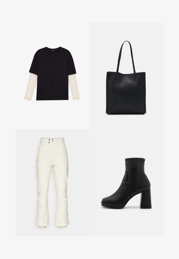 Zwarte T-shirt van katoen, met korte mouwen over een witte lange mouw laag met een subtiel textuurpatroon. Ronde hals ontwerp.; Witte skibroek met hoge taille, twee voorzakken met ritsen en elastische manchetten. Gladde textuur met een iets losse pasvorm aan de onderkant.; Zwarte leren enkellaarzen met een hoge blokhak, een gladde textuur en een aansluitende schacht. Heeft een naadloos ontwerp zonder zichtbare sluitingen.; Zwarte leren handtas met een gladde textuur, rechthoekige vorm en twee lange handvaten. Geen zichtbare hardware of versieringen.