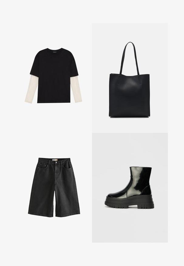 T-shirt nera in cotone con maniche corte sopra un sotto manica lunga bianca, caratterizzata da una sottile texture. Design con scollo rotondo.; Shorts in denim nero con vestibilità ampia, dotati di chiusura a bottone, cinque tasche e leggera scoloritura, che mettono in evidenza una texture robusta.; Stivale nero lucido alla caviglia con suola spessa e tonda, vista laterale su sfondo grigio chiaro uniforme.; Borsa tote in pelle nera con texture liscia, forma rettangolare e due manici lunghi. Nessun hardware o decorazione visibile.