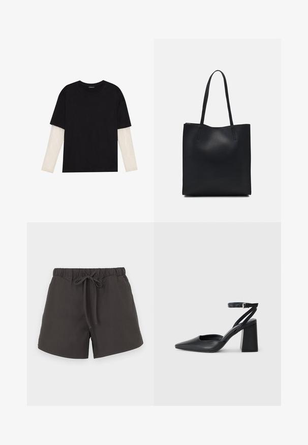 Schwarzes T-Shirt aus Baumwolle mit kurzen Ärmeln über einer weißen Langarmschicht, die ein dezentes strukturiertes Muster aufweist. Rundhalsausschnitt.; Dunkelgraue Baumwollshorts mit elastischem Bund, verstellbarem Kordelzug und weiter Passform. Glatte Textur ohne sichtbare Muster oder Verzierungen.; Schwarze Leder-Pumps mit spitzer Zehe, einem Knöchelriemen und einem blockigen Absatz. Flache Textur, elegantes Design und minimalistische Ästhetik.; Schwarze Laptoptasche aus Leder mit glatter Textur, rechteckiger Form und zwei langen Griffen. Keine sichtbaren Beschläge oder Verzierungen.