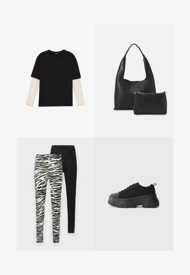 Melna kokvilnas T-kreklu ar īsām piedurknēm, virs baltas garām piedurknēm ar smalku teksturētu rakstu. Apaļas kakla izgriezuma dizains.; Divas divas: vienas ar melnbaltām zebra svītrām, otra vienkrāsaina melna. Abas ir ar elastīgām jostām.; Melnas kedas ar masīvu gumijas zoli, teksturētu auduma augšdaļu, apaļu purngalu un saistīšanas dizainu. Iekļautas pastiprinātas acs atveres un aizmugurējais cilpiņas siksniņa.; Even&Odd Rokassoma - black