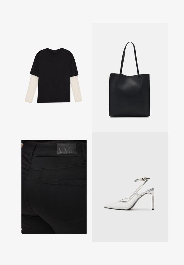 Svart T-skjorte laget av bomull, med korte ermer over et hvitt langermet lag med en subtil teksturert mønster. Rund hals design.; Sorte skinny jeans med en glat tekstur. Har et VMD-logo-patch ved taljen, detaljeret baglomme og tæt sitte.; Klare stiletthæl sko med spids tå, gennemsigtigt materiale, metallisk sølvdetaljer og justerbar ankelrem.; Svart lær tote bag med glatt tekstur, rektangulær form og to lange håndtak. Ingen synlige deler eller dekorasjoner.