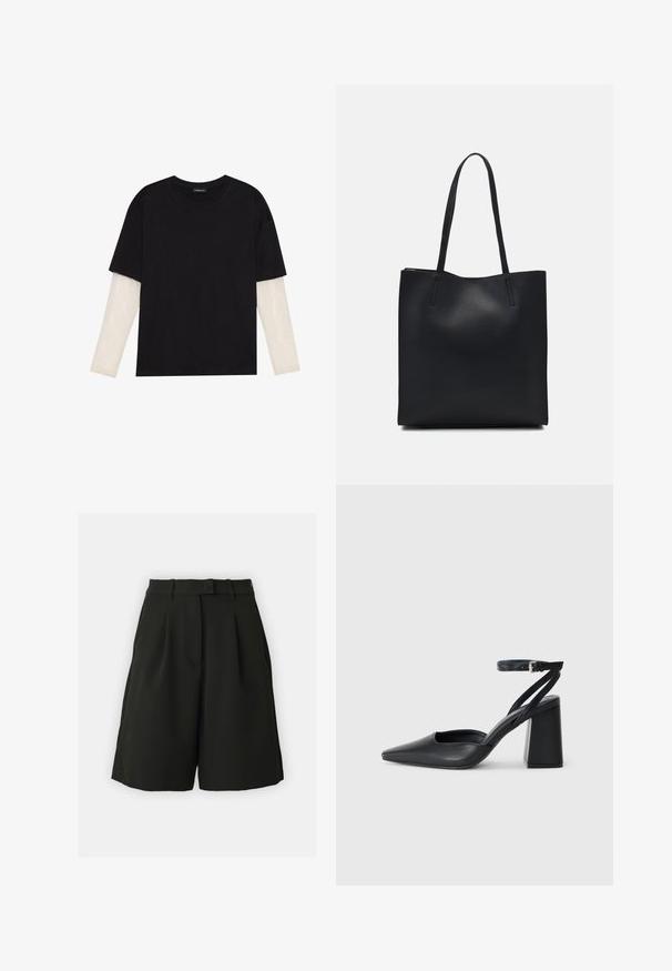 T-shirt preta de algodão, com mangas curtas sobre uma camada de mangas longas branca com um padrão texturizado subtil. Design de decote redondo.; Vero Moda Tall VMBECCA BERMUDA - Calções - black; Sandal com biqueira afilada em couro preto, com cinta no tornozelo e salto grosso. Textura lisa, design elegante e estética minimalista.; Bolsa tote preta em couro com textura lisa, forma retangular e duas alças longas. Sem hardware ou enfeites visíveis.; Os brincos em forma de coração prateados apresentam pedras claras facetadas, com uma moldura texturizada. O conjunto inclui estilos de botão e de gota.