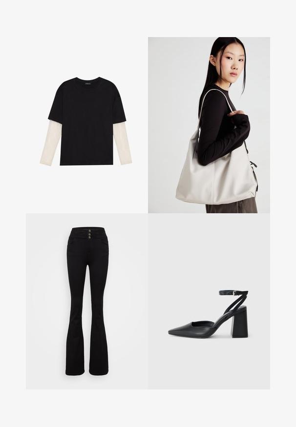 Black T-shirt made of cotton, featuring short sleeves over a white long-sleeve layer with a subtle textured pattern. Crew neckline design.; Black flared jeans made of denim, featuring a high waist with three button closures, front pockets, and a smooth texture.; Black leather pointy-toe pump with an ankle strap and a chunky heel. Flat texture, sleek design, and minimalistic aesthetics.; Beige handbag made of soft material, featuring a slouchy design, stitched detailing, and two shoulder straps. Suitable for everyday use.