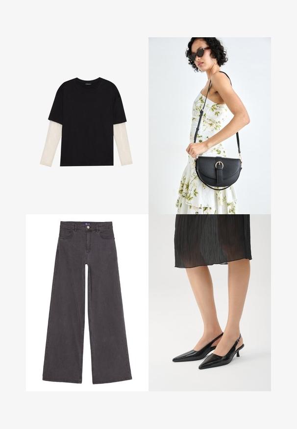 Melna kokvilnas T-kreklu ar īsām piedurknēm, virs baltas garām piedurknēm ar smalku teksturētu rakstu. Apaļas kakla izgriezuma dizains.; Platās kāju melnas denim bikses, izgatavotas no kokvilnas auduma. Iespējas piecas kabatas, priekšējā pogas aizdare un taisnas šuves. Gluda tekstūra.; Melnas ar īkšķi līdz kājām siksniņu papēžiem ar spīdīgu apdari, slaids papēdis un atvērta aizmugure. Augšējais materiāls ar teksturētu rakstu.; Melnas ādas rokassoma ar izliekta formu, noņemamu siksnu un zelta aksesuāriem. Somai ir vāciņš ar sprādzes detaļu.