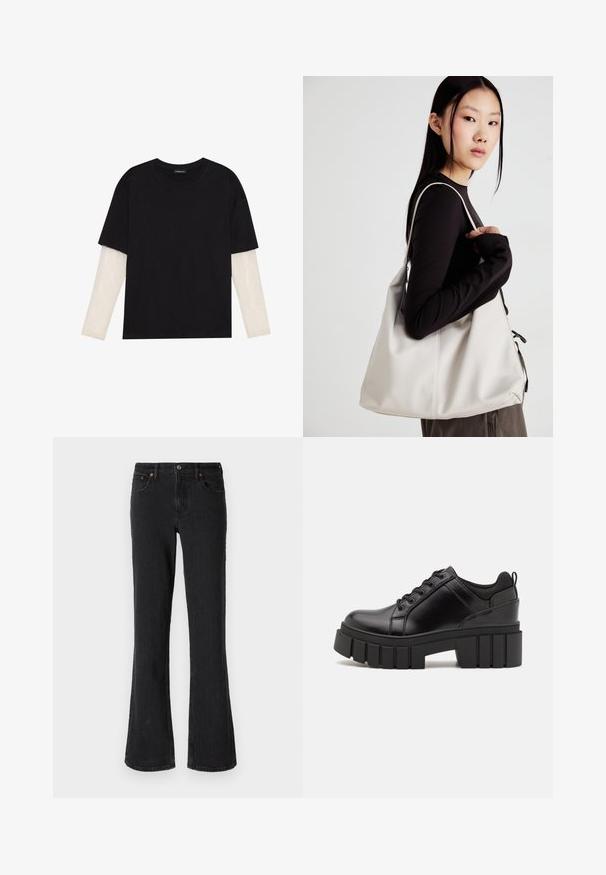 Tricou negru din bumbac, cu mâneci scurte, peste un strat alb cu mâneci lungi, având un model texturat subtil. Design cu guler rotund.; Jeans negri din denim, cu evazare, care prezintă un sistem de închidere cu buton frontal, cinci buzunare și detalii de cusătură subtile, realizate dintr-un material de greutate medie.; Pantofi cu talpă plată din piele neagră, cu toc gros, vârf rotund și design tradițional cu șireturi. Prezintă o textură netedă și detalii minime.; Geantă bej din material moale, cu un design lejer, detalii cusute și două bretele pentru umăr. Potrivită pentru utilizarea zilnică.