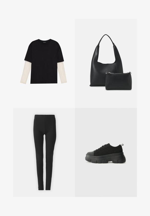 Black T-shirt made of cotton, featuring short sleeves over a white long-sleeve layer with a subtle textured pattern. Crew neckline design.; Black, stretchy leggings with a snug fit, featuring a high waistband and smooth texture. No visible patterns or hardware details.; Black sneakers with a chunky rubber sole, textured fabric upper, round toe, and lace-up design. Features reinforced eyelets and back pull tab.; Even&Odd Handbag - black