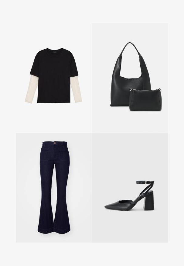 T-shirt noir en coton, avec des manches courtes sur une couche à manches longues blanche avec un motif texturé subtil. Col rond.; Jean flare en denim bleu marine avec taille haute, deux poches arrière et des coutures décoratives le long des coutures et de l'ourlet.; Escarpin noir en cuir à bout pointu avec une bride de cheville et un talon épais. Texture lisse, design élégant et esthétique minimaliste.; Even&Odd Sac à main - black