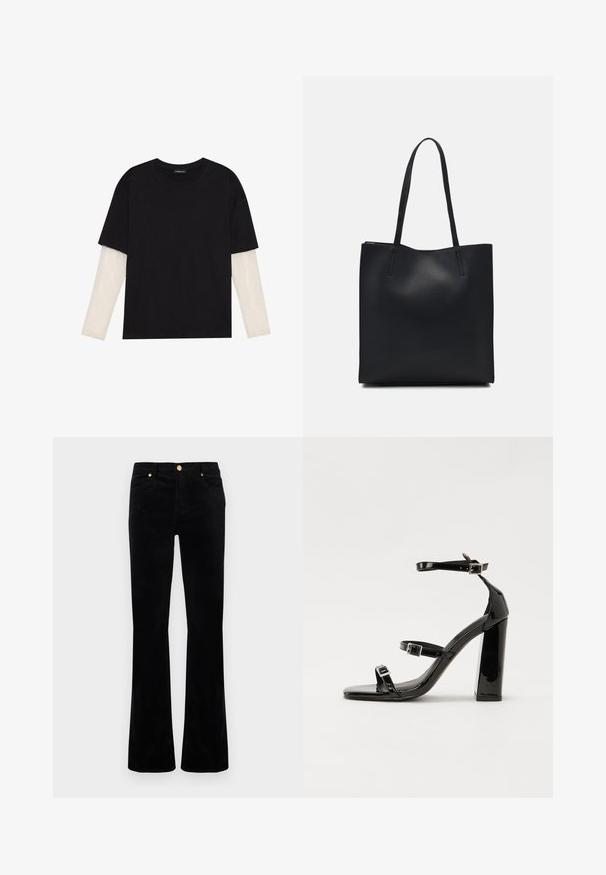 Črna majica iz bombaža s kratkimi rokavi, ki pokriva belo dolgi rokav z subtilnim teksturiranim vzorcem. Oblika izrezanega vratu.; Črne zvonaste kavbojke iz bombažne mešanice, z gladko teksturo, zlate kovinske dodatke, dvema sprednjima žepoma in všitimi detajli.; Črne lakirane sandale s peto, kvadratnim prstom, trakovi okrog gležnja in srebrnimi zaponkami. Opremljene so s stabilno Debelo peto.; Črna usnjena torba s svilnato teksturo, pravokotne oblike in dvema dolgima ročajema. Brez vidnih metalnih delov ali okrasnih elementov.