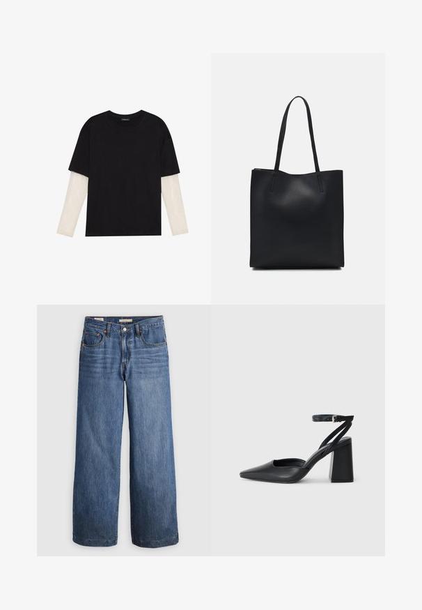 Juodas medvilninis marškinėliai su trumpomis rankovėmis, virš baltos ilgo rankovio sluoksnio, turinčio subtilų tekstūrinį raštą. Apvalus iškirpimas.; Mėlynos džinsinės plačių kojų kelnės, turinčios aukštą liemenį, penkis kišenes ir kontrastingą oranžinį siūlų dygsniavimą. Lygus paviršius, be papuošimų.; Juoda odinė smailiagalė aukštakulnio bateliai su kulkšnies dirželiu ir storu kulnu. Lygus paviršius, elegantiškas dizainas ir minimalistiška estetinė. ; Juodas odinis tote krepšys su lygia tekstūra, stačiakampio formos ir dviem ilgais rankenomis. Matomų metalinių detalių ar puošybos nėra.