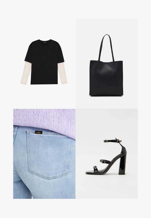 T-shirt preta de algodão, com mangas curtas sobre uma camada de mangas longas branca com um padrão texturizado subtil. Design de decote redondo.; Calças de ganga azul claro apresentam um bolso com uma etiqueta preta com o logótipo "Lois". A textura é macia e ligeiramente desbotada. Um suéter de malha lavanda é visível acima.; Sandálias de tacão preto laqueadas com bico quadrado, tiras para o tornozelo e fivelas prateadas. Apresentam um salto bloco chunky para estabilidade.; Bolsa tote preta em couro com textura lisa, forma retangular e duas alças longas. Sem hardware ou enfeites visíveis.