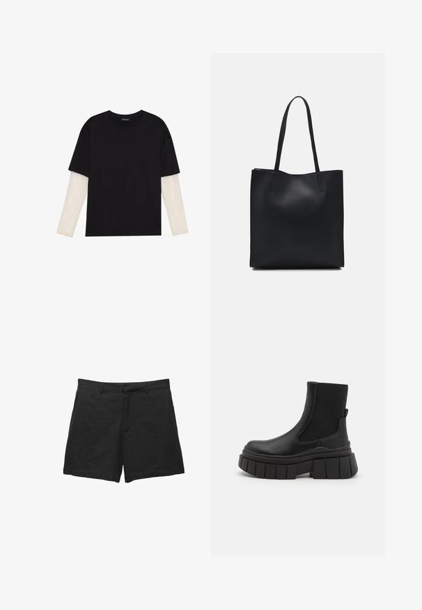Schwarzes T-Shirt aus Baumwolle mit kurzen Ärmeln über einer weißen Langarmschicht, die ein dezentes strukturiertes Muster aufweist. Rundhalsausschnitt.; Schwarze Leinen-Shorts mit maßgeschneidertem Design, flachem Bund, Gürtelschlaufen und Seitentaschen. Glatte Textur mit einem sauberen Schnittsaum.; Schwarze Knöchelstiefel aus glattem Leder mit elastischen Seitenpaneelen, einer klobigen Plateausohle und einem strukturierten Profilmuster.; Schwarze Laptoptasche aus Leder mit glatter Textur, rechteckiger Form und zwei langen Griffen. Keine sichtbaren Beschläge oder Verzierungen.