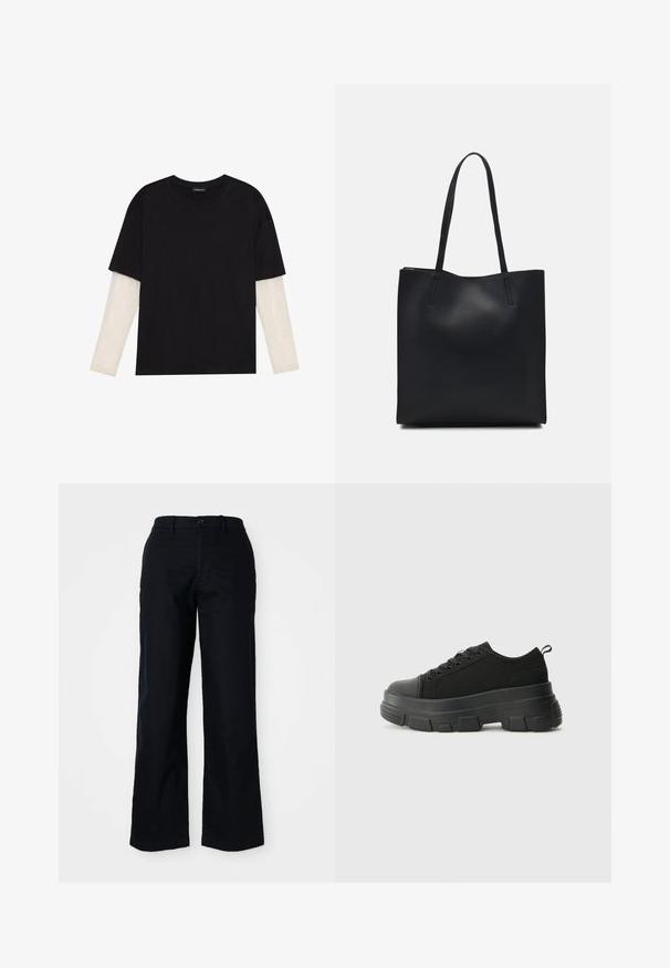 Čierne tričko z bavlny, s krátkymi rukávmi cez biele tričko s dlhým rukávom, s jemným textúrovaným vzorom. Design s okrúhlym výstrihom.; Čierne široké nohavice vyrobené z bavlny. Obsahujú predné zapínanie na gombík, pútka na opasok a hladkú textúru. Bez viditeľných vzorov alebo akcentov.; Čierne tenisky s masívnou gumovou podrážkou, textúrovaným textilným zvrškom, okrúhlou špičkou a šnurovaním. Obsahujú spevnené očká a zadný úchop.; Čierna kožená taška na rameno s hladkým povrchom, obdĺžnikovým tvarom a dvoma dlhými uchami. Bez viditeľného kovania alebo ozdôb.