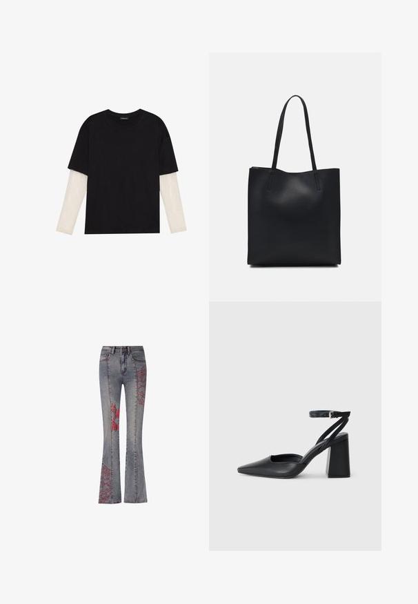 T-shirt nera in cotone con maniche corte sopra un sotto manica lunga bianca, caratterizzata da una sottile texture. Design con scollo rotondo.; Jeans a zampa d'elefante in denim blu sbiadito con ricami floreali e astratti rossi sulle gambe esterne. Design standard a cinque tasche e passanti per cintura.; Pump in pelle nera con punta affusolata, cinturino alla caviglia e tacco spesso. Texture piatta, design elegante ed estetica minimalista.; Borsa tote in pelle nera con texture liscia, forma rettangolare e due manici lunghi. Nessun hardware o decorazione visibile.
