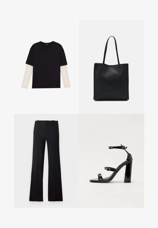 Black T-shirt made of cotton, featuring short sleeves over a white long-sleeve layer with a subtle textured pattern. Crew neckline design.; Black flared trousers with a smooth texture, featuring a tailored waist, belt loops, and a clean design that extends to a wide hem.; Black patent heeled sandals with a square toe, ankle straps, and silver buckles. Features a chunky block heel for stability.; Black leather tote bag with smooth texture, rectangular shape, and two long handles. No visible hardware or embellishments.